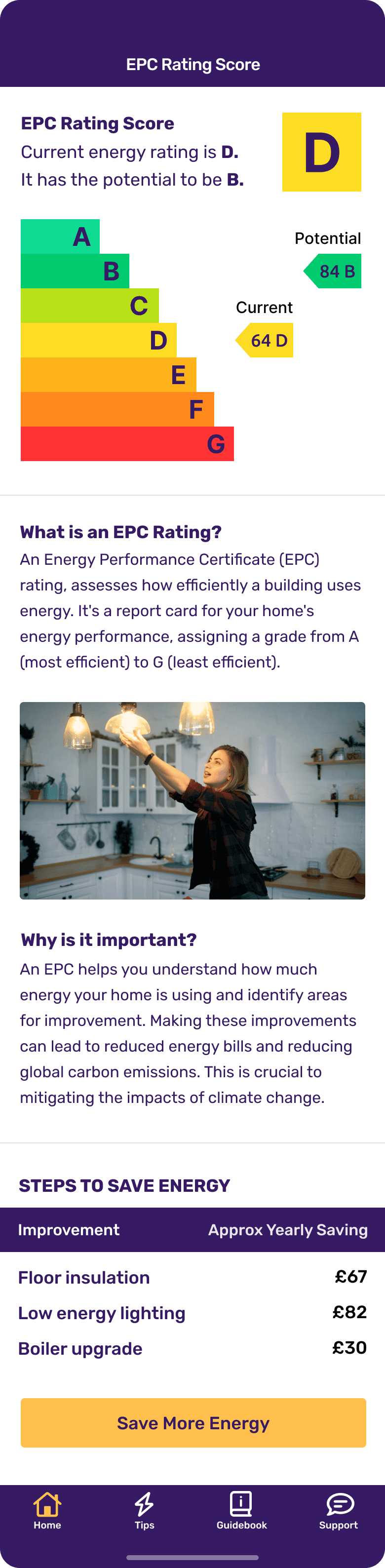EPC rating score and energy-saving steps screen in the HomeHub app