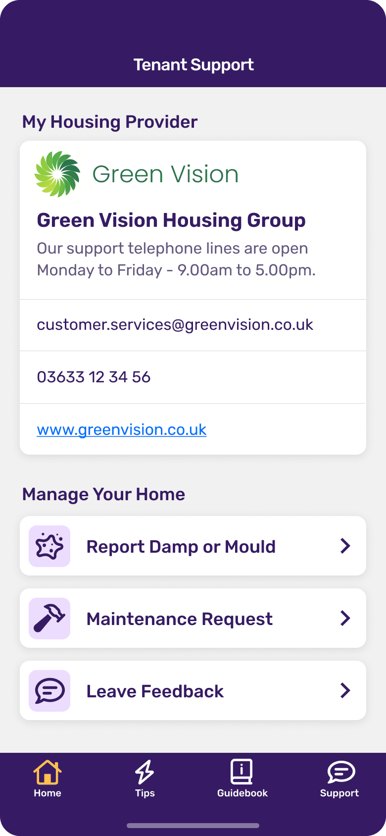 Tenant support request screen
